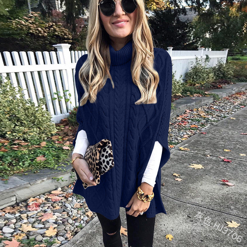 Damen nan kastiger Strickponcho mit hohem Rollkragen, Zopfstruktur und seitlichen Schlitzen Drune