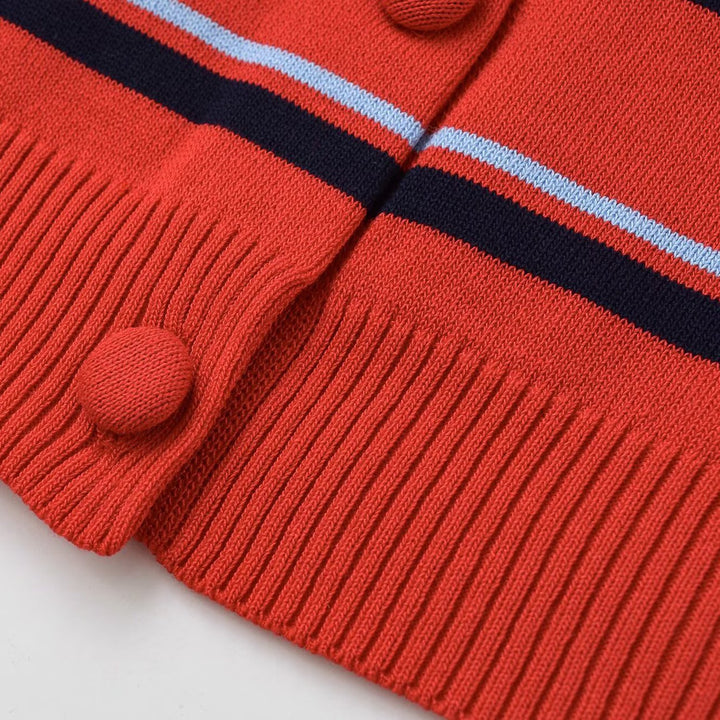 Damen gestreifte Baumwollmix-Strickjacke mit Kontrastärmeln und durchgehender Knopfleiste Drune