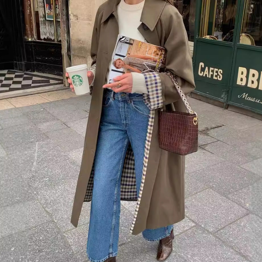 Damen modischer Trenchcoat mit Karodetails und praktischen Taschen Drune