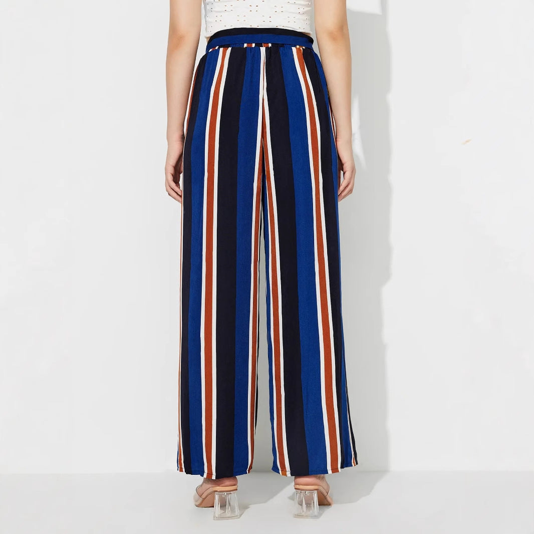 Damen weite Palazzo-Hose mit stylischem Bindegürtel und modernem Streifenmuster Drune