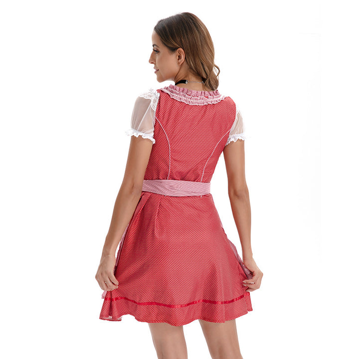 Damen nan kurzes traditionelles Dirndlkleid mit Korsett-Schnürung Spitzendetails und bindbarer Schürze Drune
