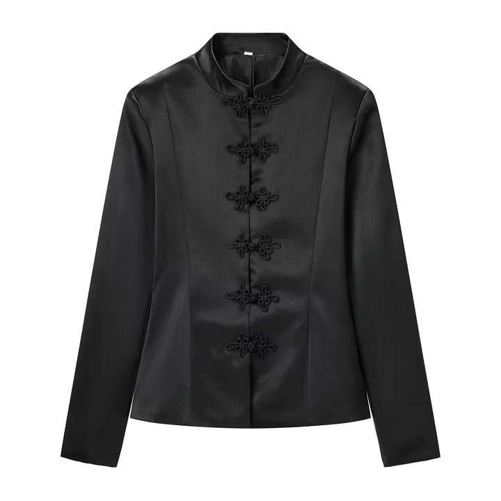 Damen nan taillierte Satinjacke mit Stehkragen und dekorativen Knotenverschlüssen Drune