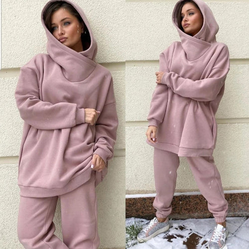 Damen Oversize-Fleece-Set mit voluminöser Schlauchkapuze, geschwungenem Schalkragen und komfortabler Joggerhose Drune
