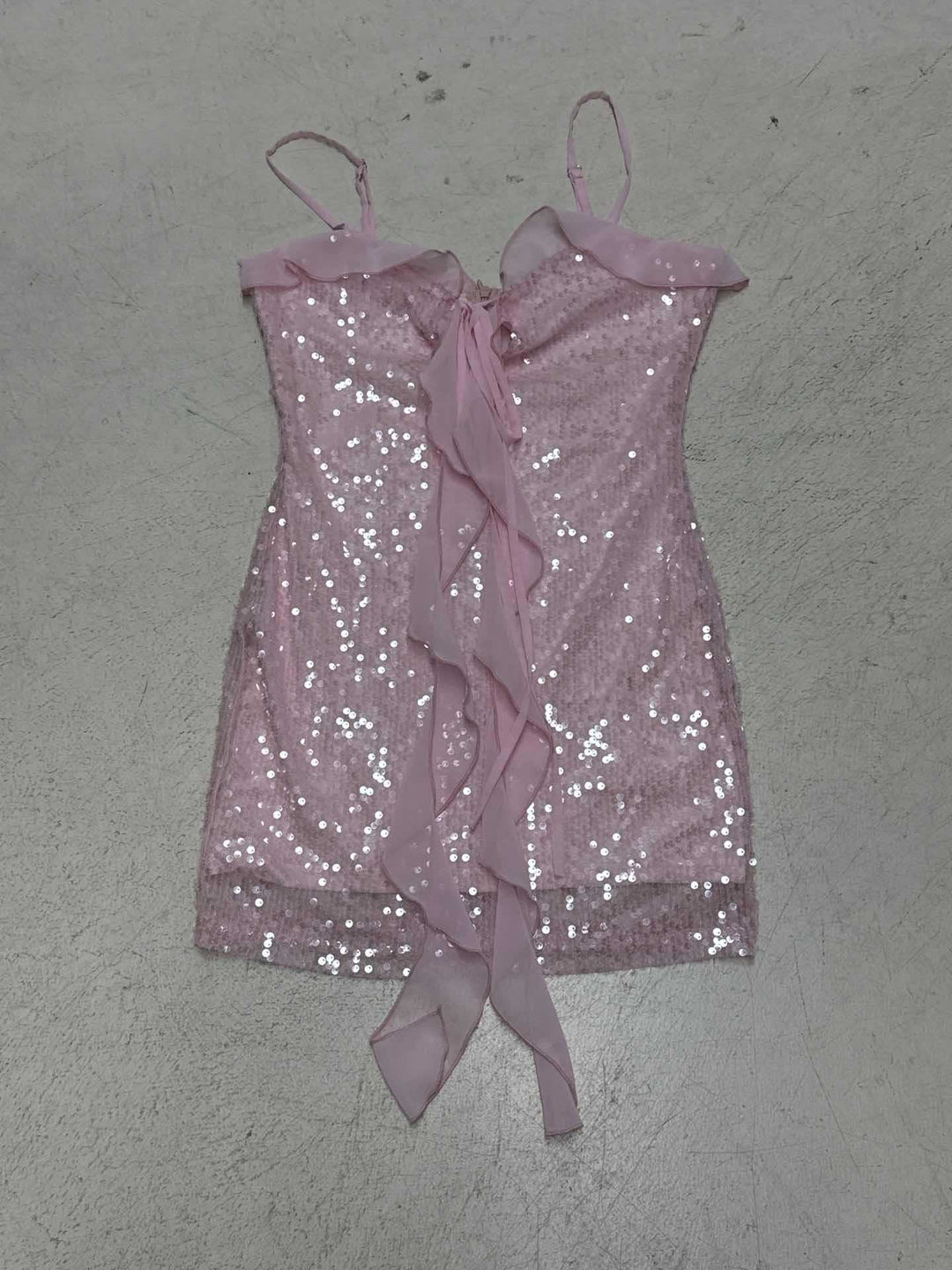 Damen kurzes, glitzerndes Partykleid mit zarten Rüschendetails und Bindeband Drune