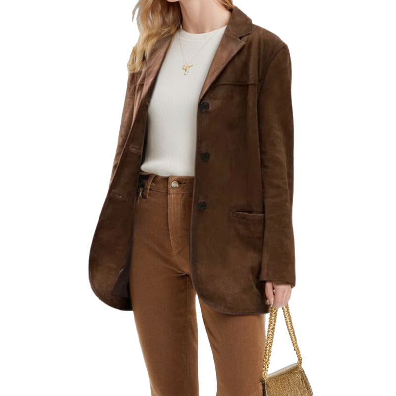 Damen Eleganter Blazer aus weichem Wildlederimitat mit schmalem Schnitt Drune