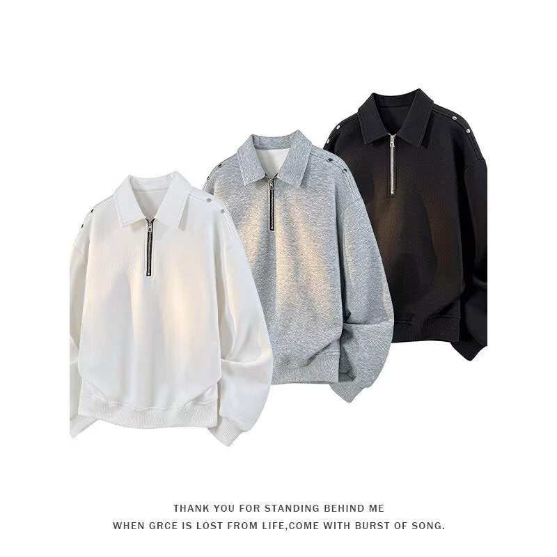 Herren Oversized Sweatshirt mit Reißverschluss-Kragen und Druckknopf-Schulterdetail Drune