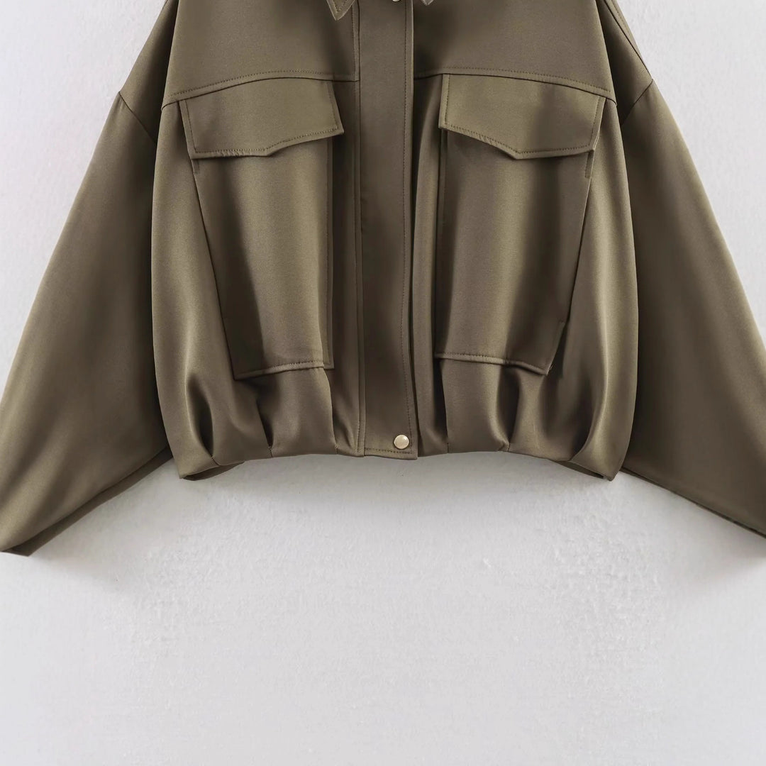 Damen nan oversized Utility-Jacke mit übergroßen Pattentaschen, überschnittener Schulter und elastischem Bund Drune
