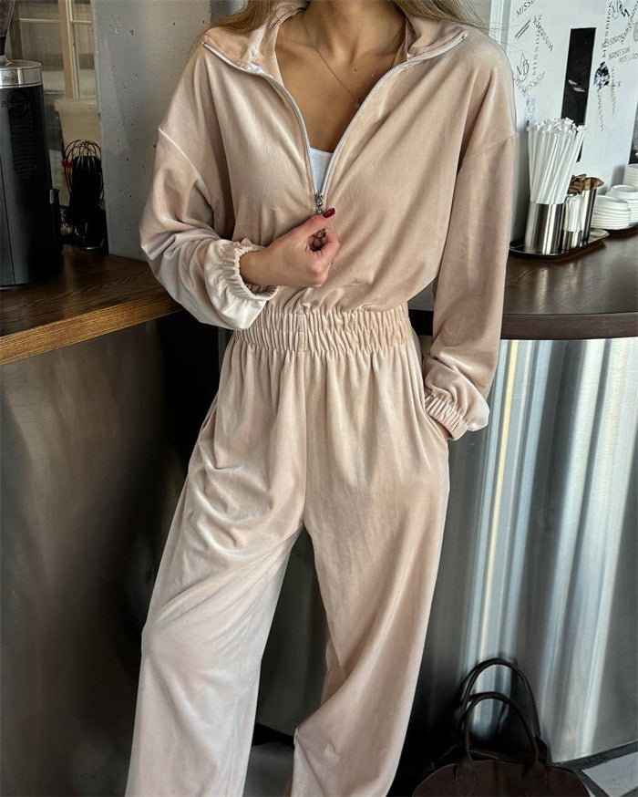 Damen Velours-Overall mit Reißverschluss, elastischem Taillenbund und weitem Palazzo-Bein Drune
