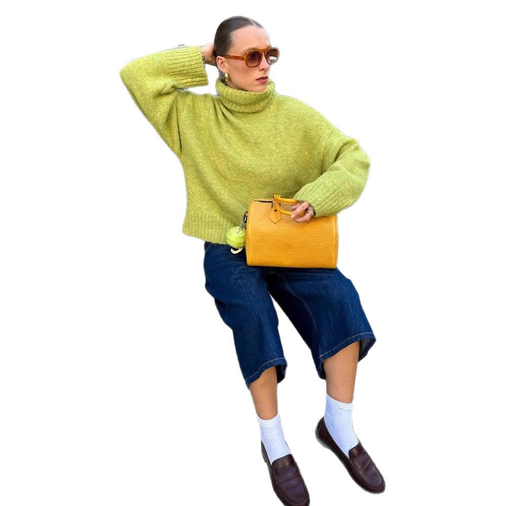 Damen gemütlicher Strickpullover mit hohem Kragen und überschnittenen Schultern Drune