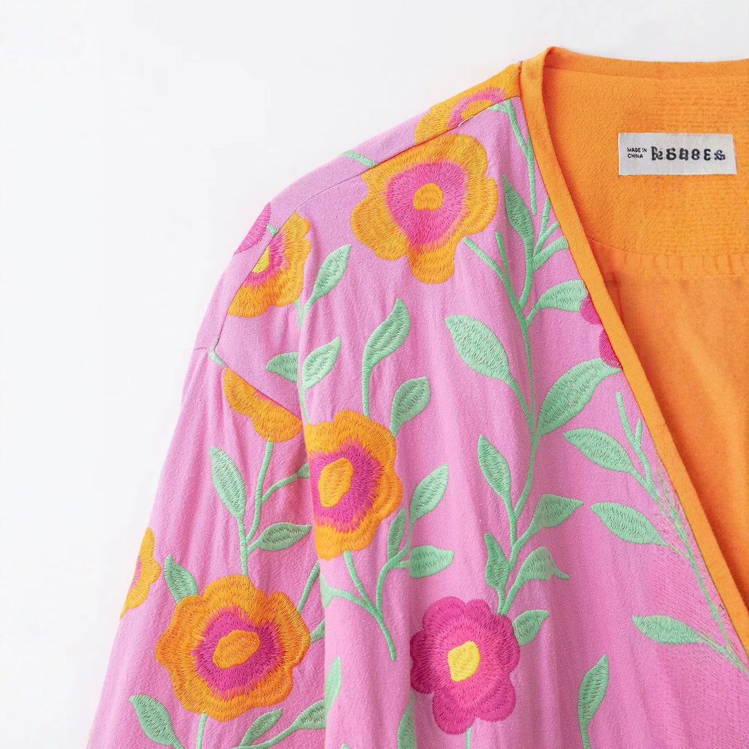 Damen Bestickter Kurzkimono aus Baumwollmischung mit Bindegürtel und V-Ausschnitt Drune