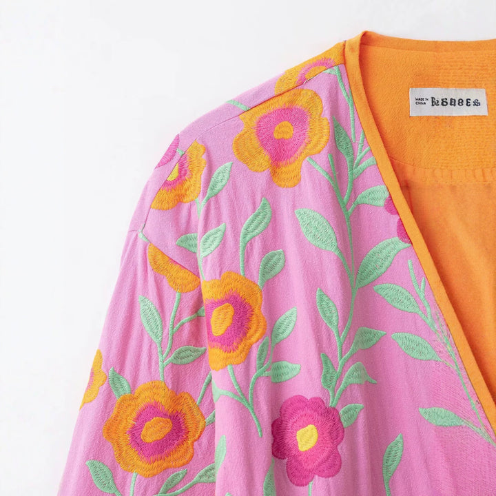 Damen Bestickter Kurzkimono aus Baumwollmischung mit Bindegürtel und V-Ausschnitt Drune
