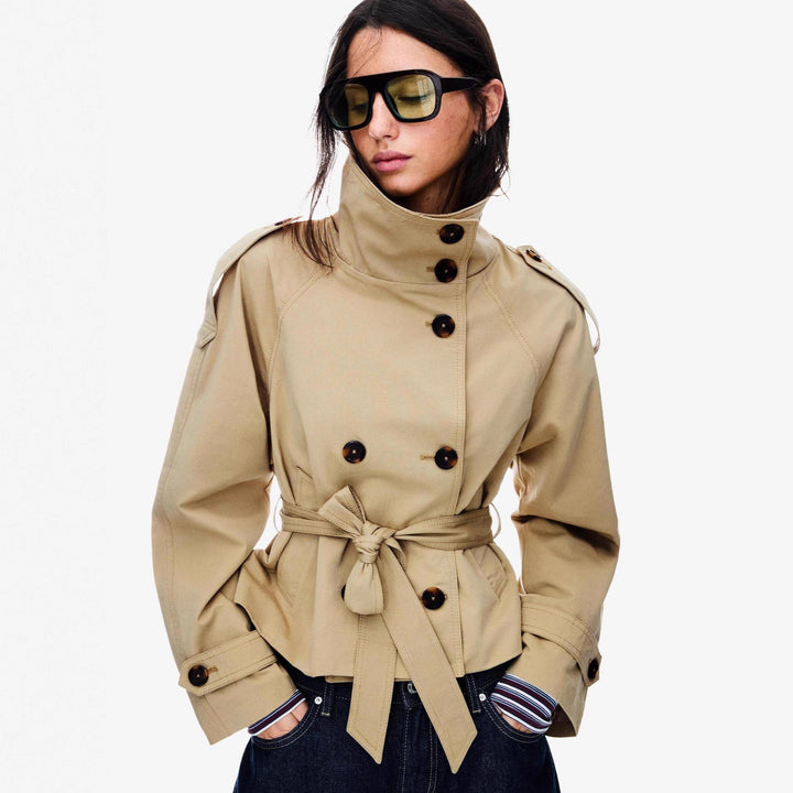 Damen Kurz geschnittener taillierter Trenchcoat mit hoher Knopfleiste und Taillengürtel Drune