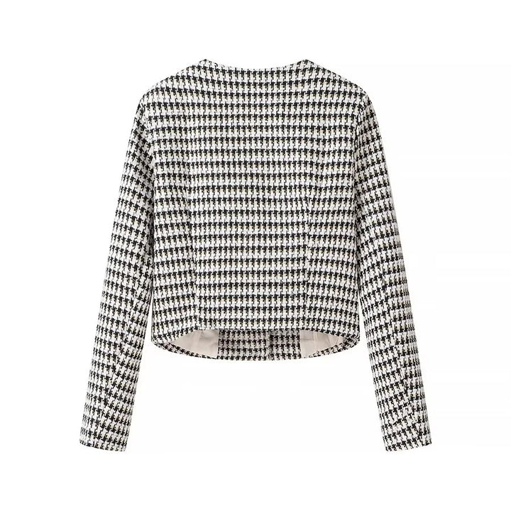 Damen nan kurzer Bouclé-Blazer im Cropped‑Stil mit Hahnentrittmuster, Rundhalsausschnitt und Zierknöpfen Drune