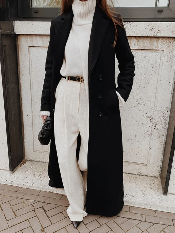 Damen Langer doppeltreihiger Wollmantel mit Reverskragen und taillierter Silhouette Drune