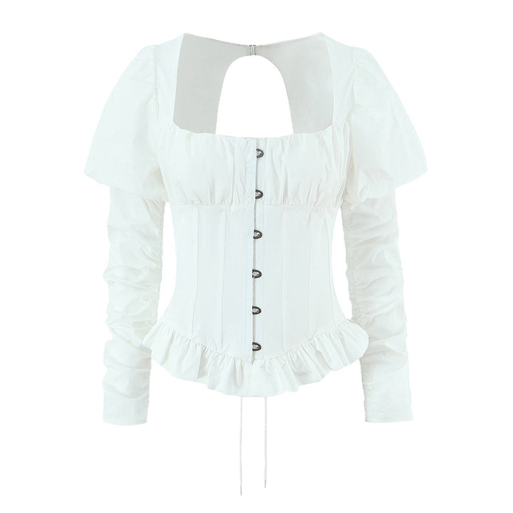 Damen Corsagenbluse mit Puffärmeln, Rüschen-Saum und Schnürdetail Drune