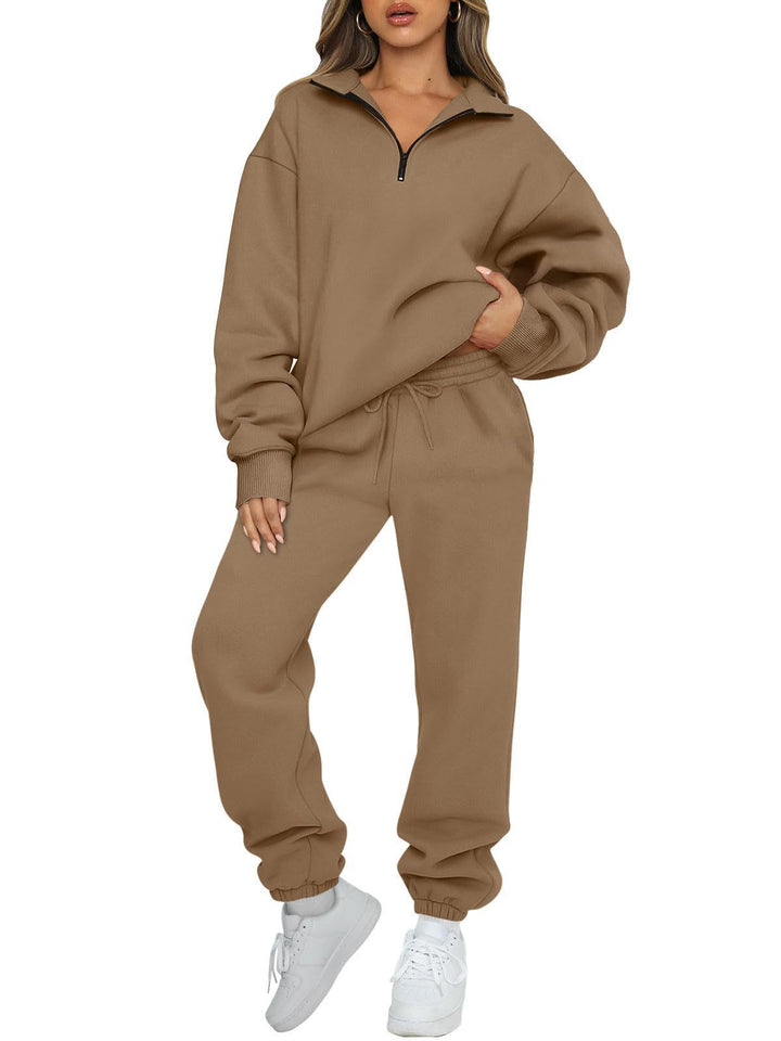Damen nan Halbzip-Loungewear-Set mit übergroßem Kragenpullover und taillierter Jogginghose mit elastischem Bund Drune