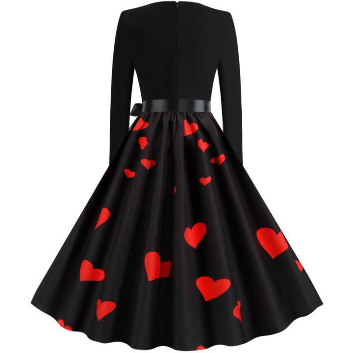 Damen Retro-Tellerkleid mit figurbetontem Oberteil, Satin-Taillengürtel und Katzen-Herz-Print Drune