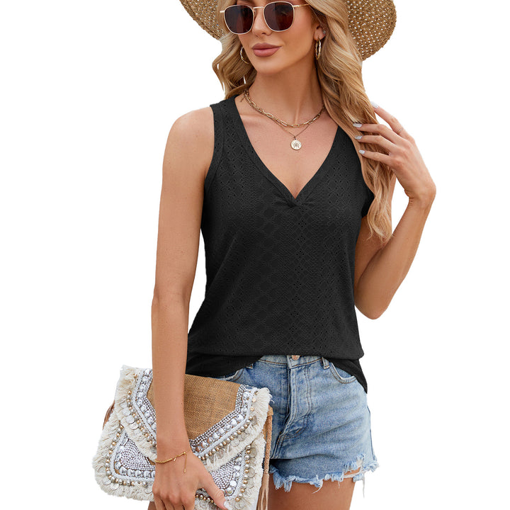 Damen ärmelloses Spitzenoberteil mit V-Ausschnitt und dekorativen Lochmustern Drune