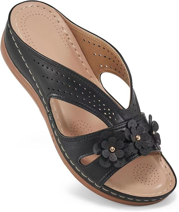 Damen Orthopädische Lederimitat-Pantolette mit Blumen‑Applikation und perforiertem Obermaterial Drune