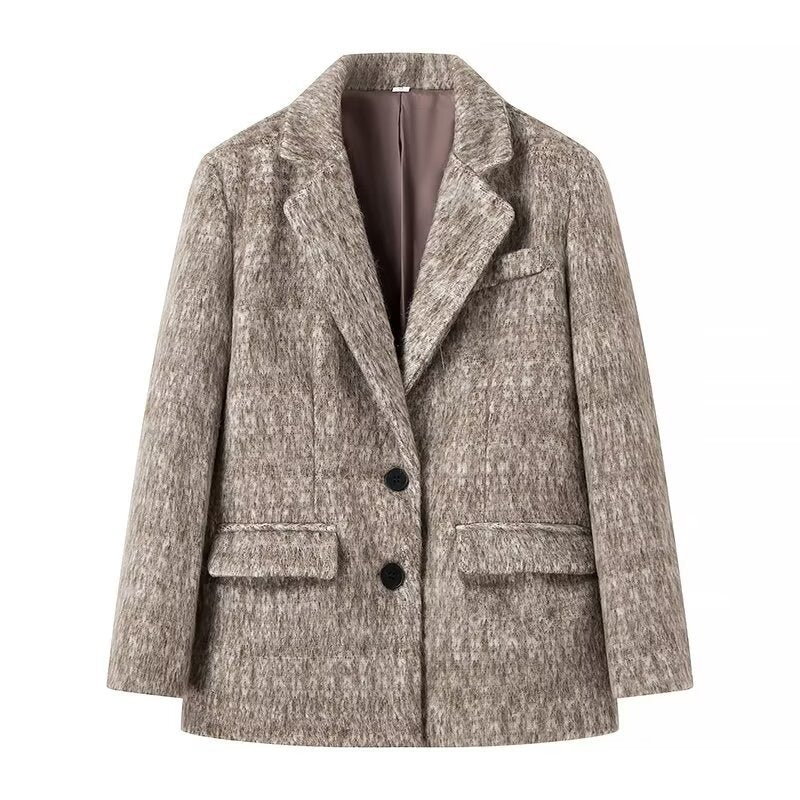 Damen Boxy Wollmix-Blazer-Mantel mit Bouclé‑Struktur, Reverskragen und Pattentaschen Drune