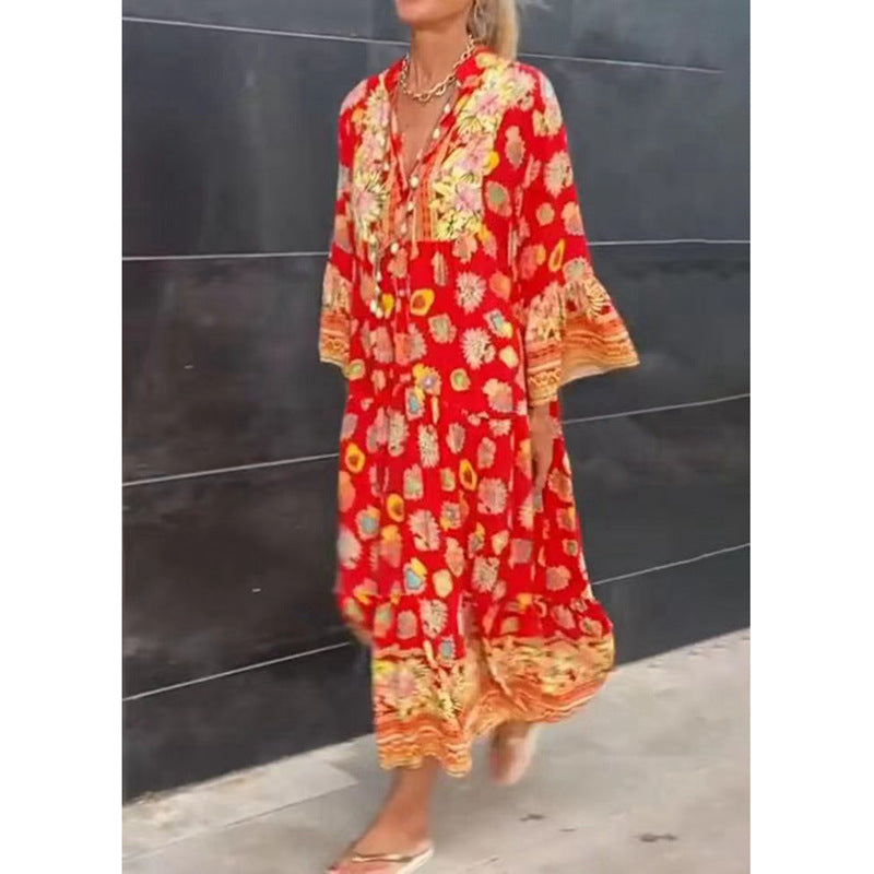 Damen nan luftiges Kaftan‑Midikleid mit folkloreinspiriertem Bordürenprint, V‑Ausschnitt, Quastenbändern und Volantglockenärmeln Drune