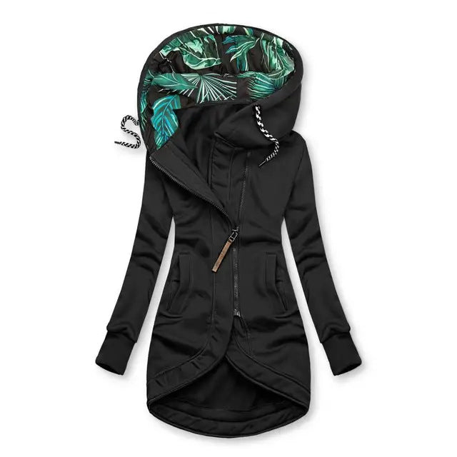 Damen asymmetrische Parka mit gefütterter tropischer Druckkapuze Drune