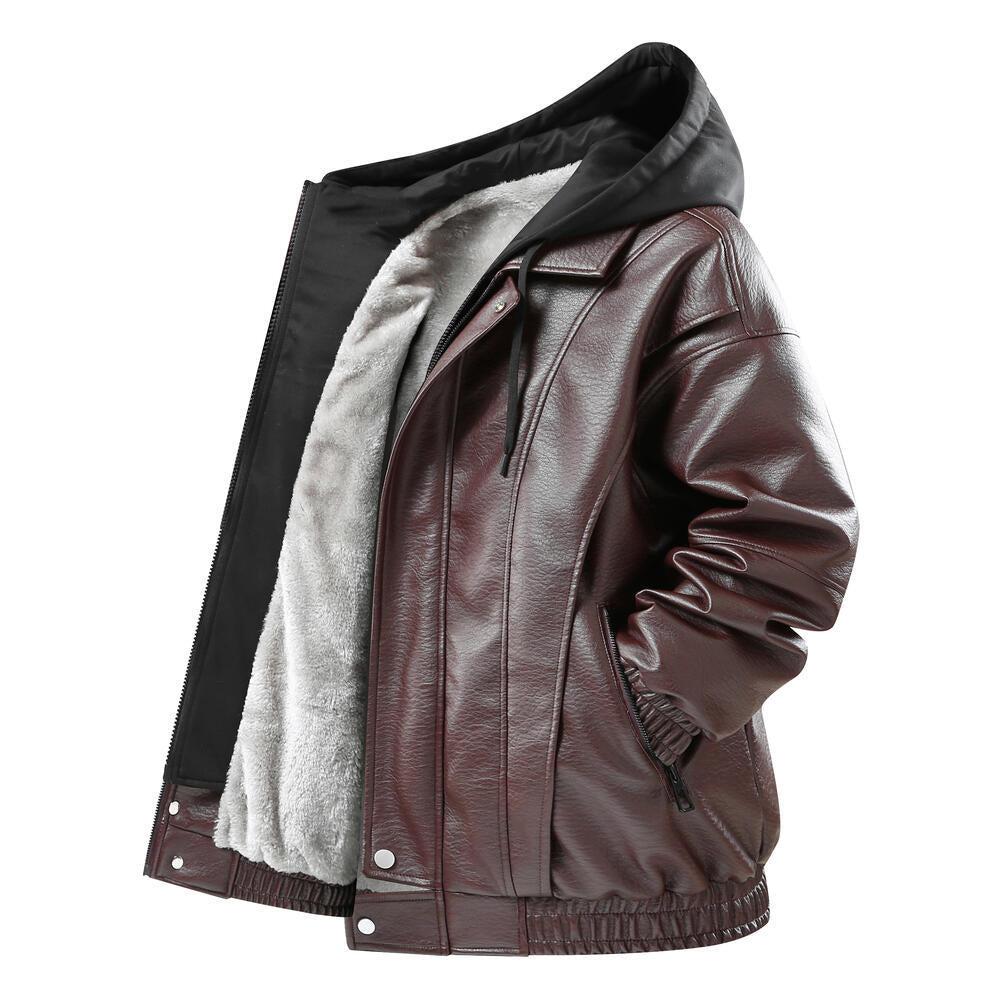 Herren Modische Kunstlederjacke mit Kapuze Drune