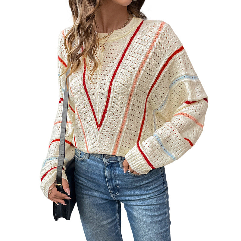 Damen Oversize-Ajourstrickpullover mit V-Streifen-Design Drune
