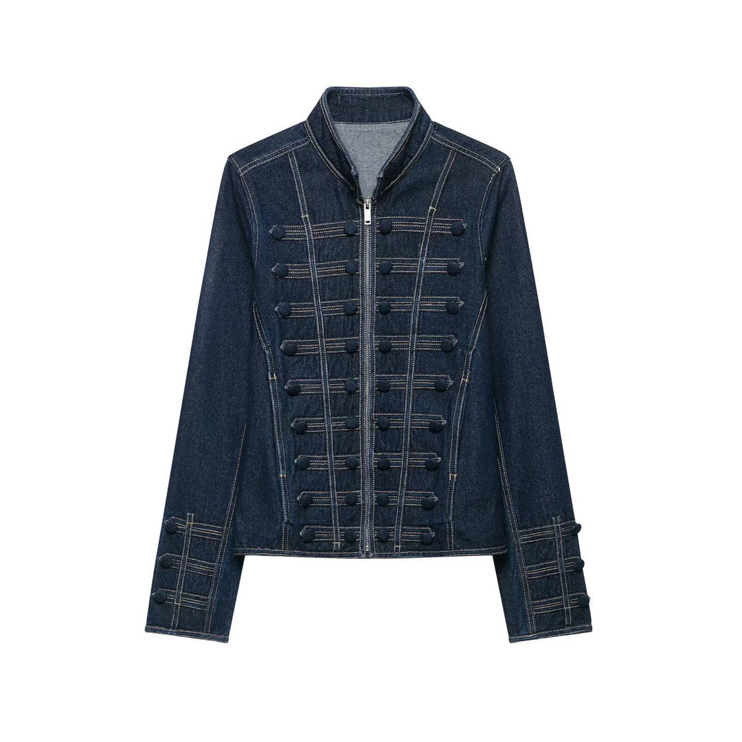 Damen Taillierte Denimjacke mit militärischen Galon‑Details und Stehkragen Drune