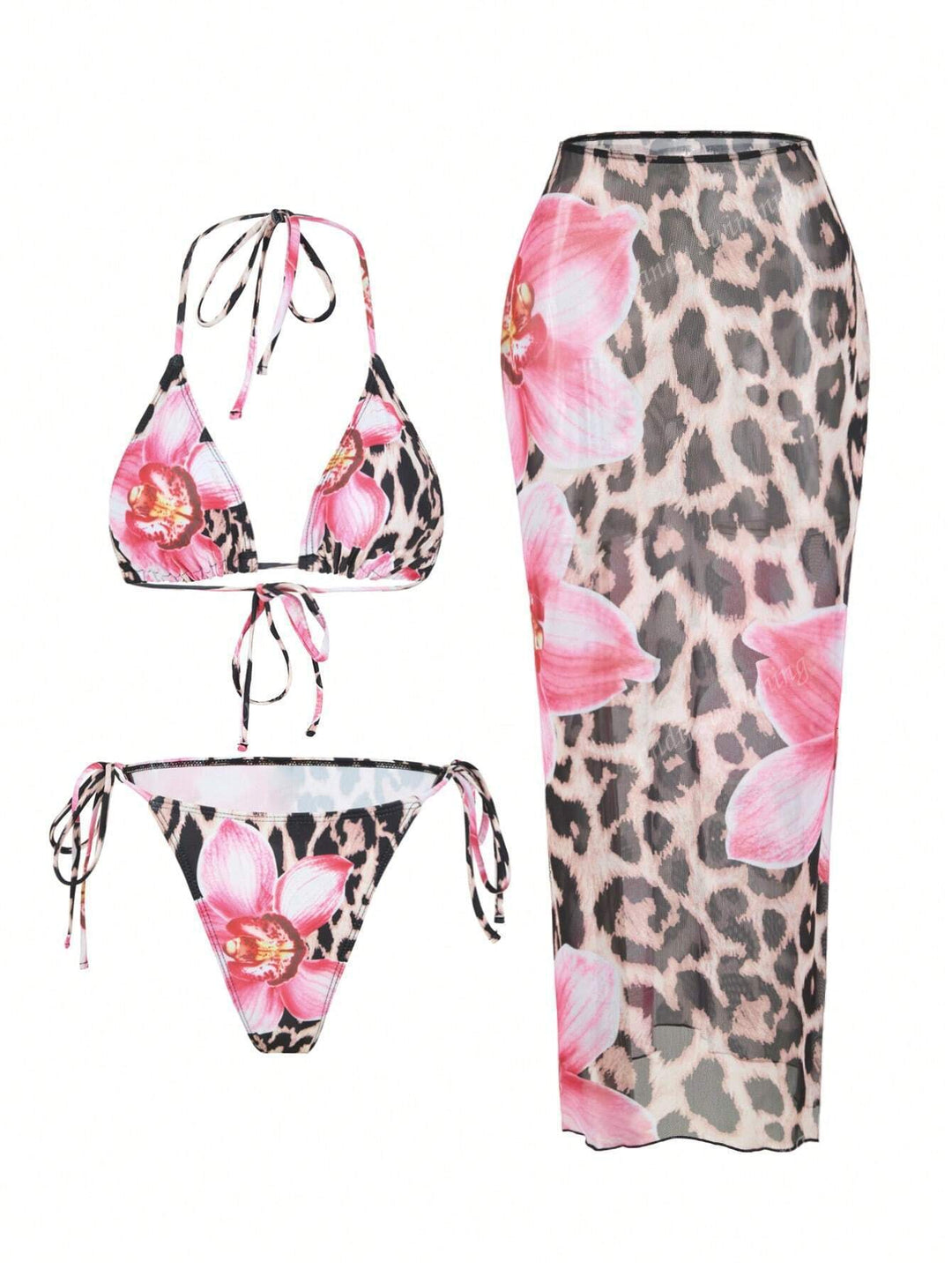 Damen Triangel-Bikini-Set mit floralen Mustern und transparentem Maxirock Drune