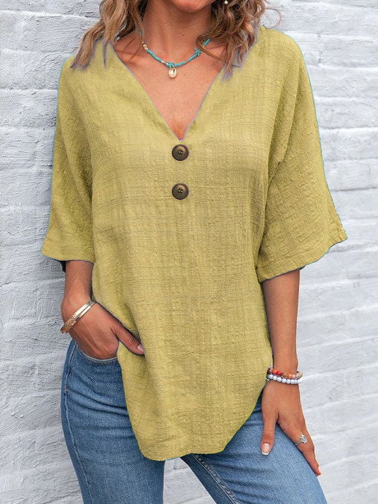 Damen V-Ausschnitt Bluse mit Knopfdetails Drune