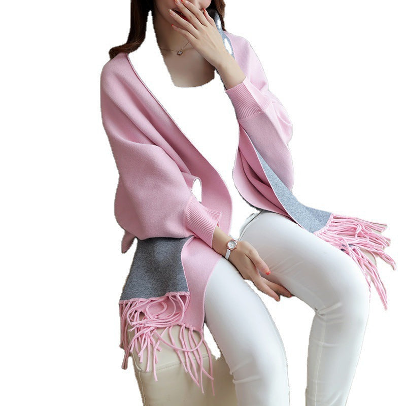 Damen eleganter Schal mit Fransen und kontrastierenden Farbdetails Drune