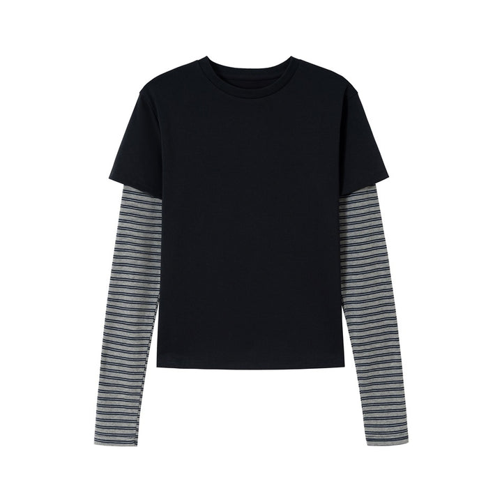 Unisex Layering-Langarmshirt mit gestreiften Einsatzärmeln und kurzärmeligem Overlay Drune
