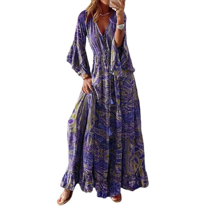 Damen Boho Maxikleid mit Paisley-Print, V-Ausschnitt, Stufenrock und Bindegürtel Drune