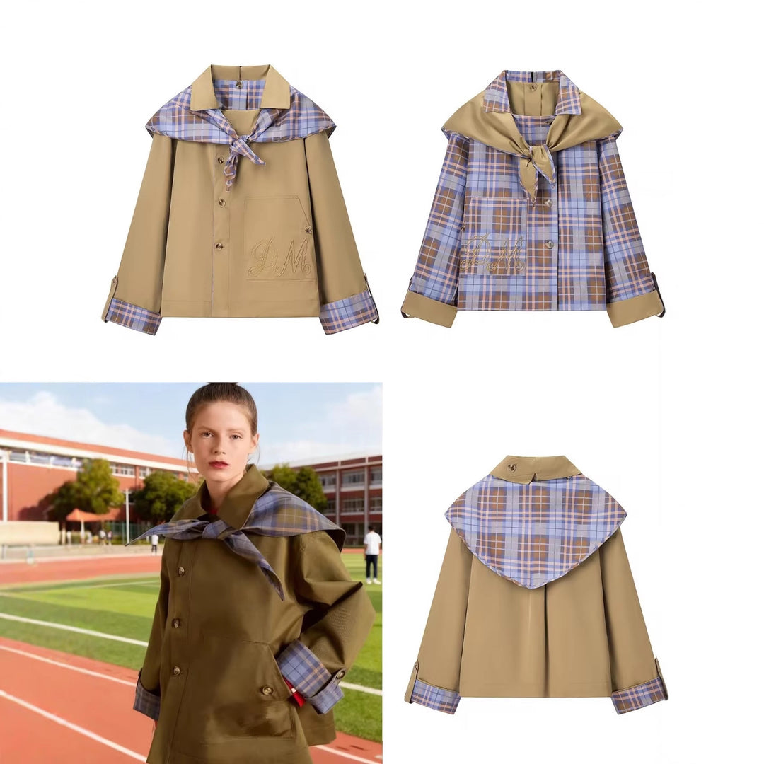 Damen Kurzjacke im Trench-Cape-Mix mit karierter Schalkragen‑Schleife Drune
