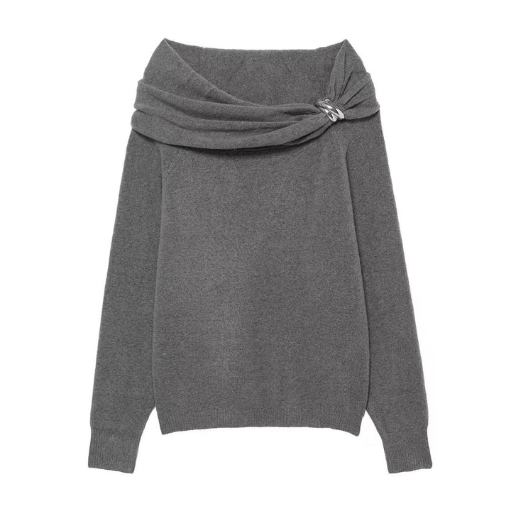 Damen Eleganter Pullover mit asymmetrischem Schalkragen und dekorativem Verschluss Drune