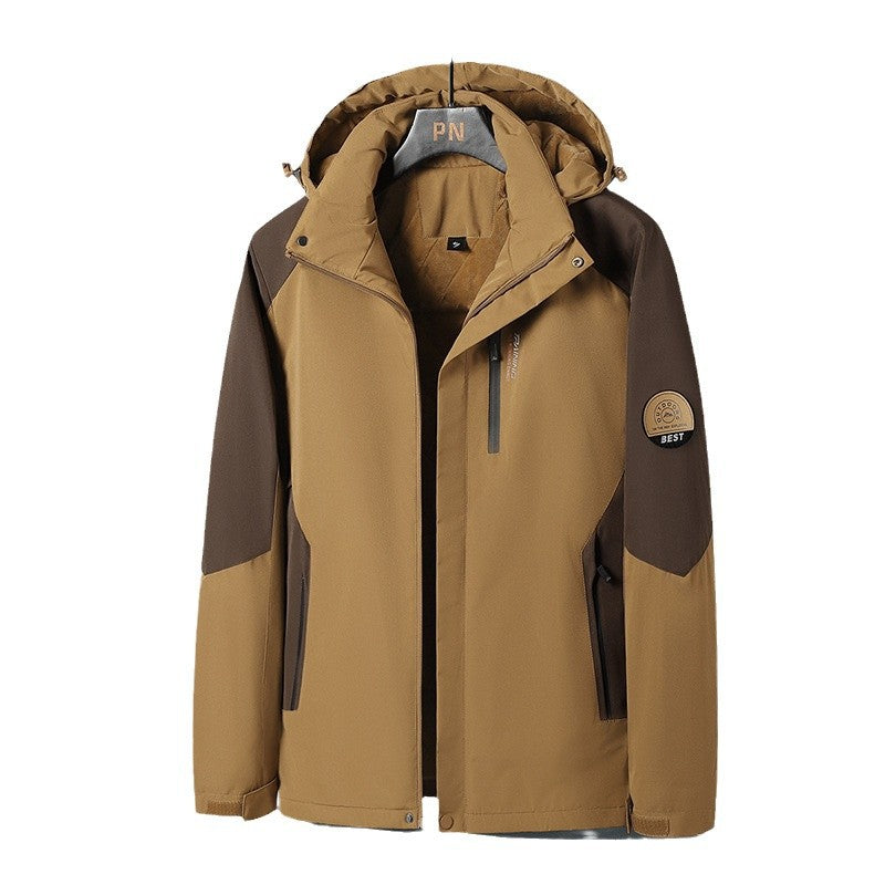 Herren zweifarbige Softshell-Outdoorjacke mit winddichter Membran, verstellbarer Kapuze und verdeckter Brusttasche Drune
