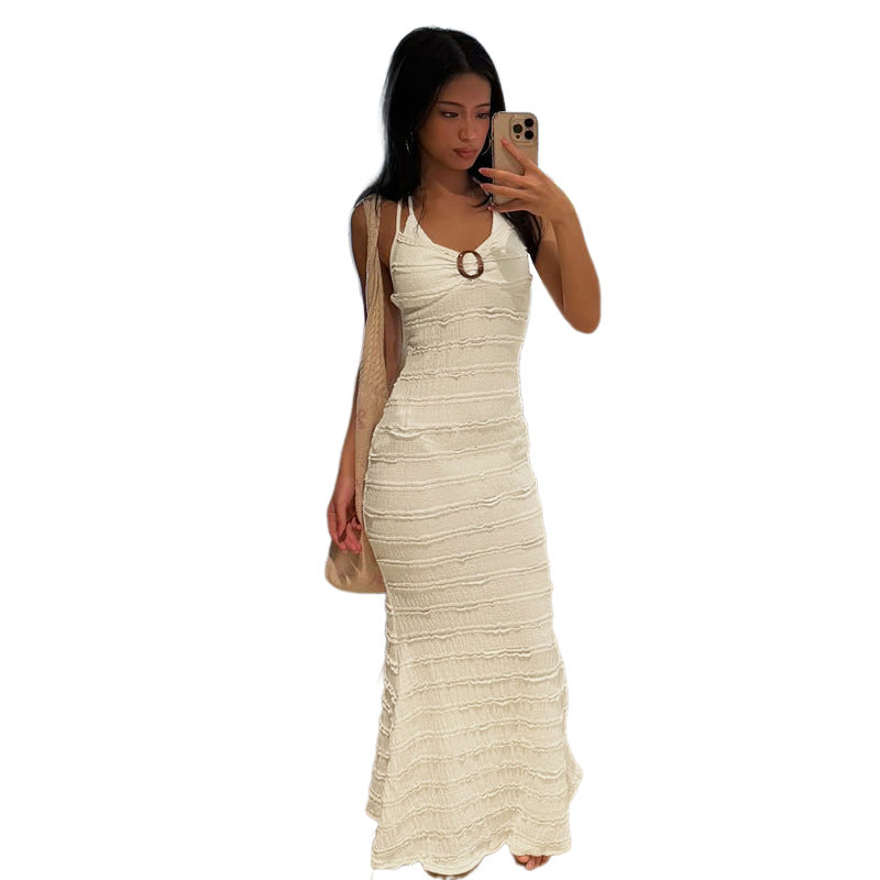 Damen Elegantes Maxikleid mit einzigartigem Raffungseffekt und Kreuzträgern Drune