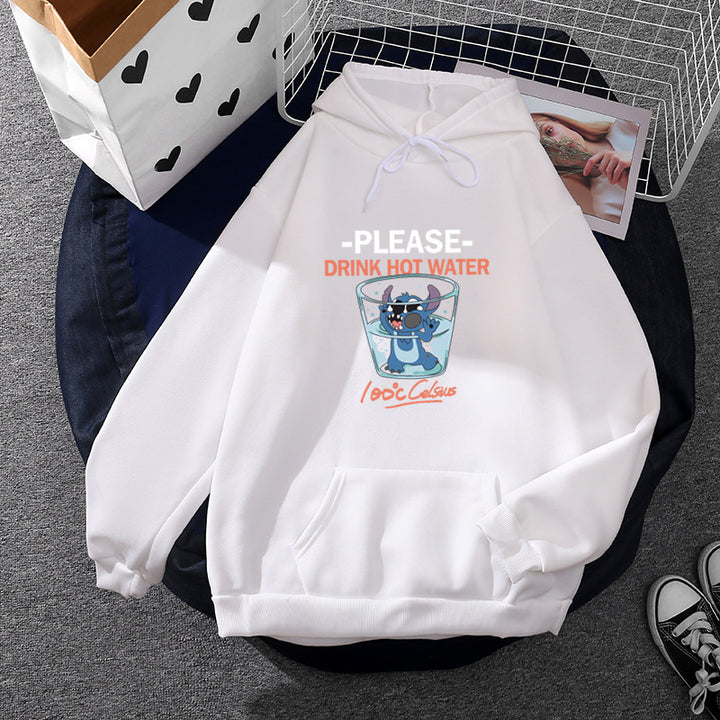 Damen nan Kapuzenpullover mit großflächigem Cartoon-Glas-Print, weichem Fleece-Innenfutter und Kängurutasche Drune