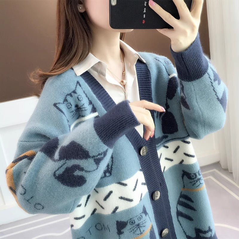 Damen Verspielte Cardigan mit Katzenmuster Drune
