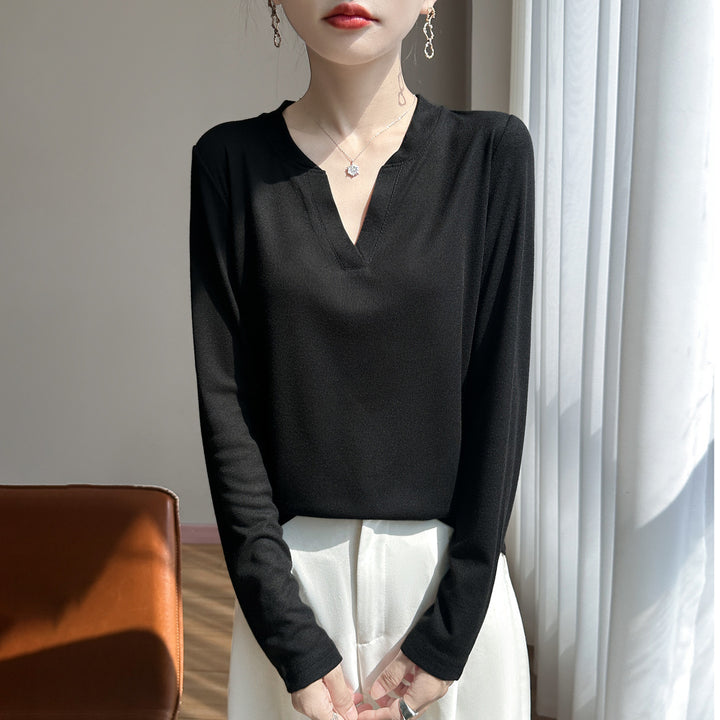 Damen Langärmliges Feinstrickshirt mit geschlitztem V-Kragen Drune