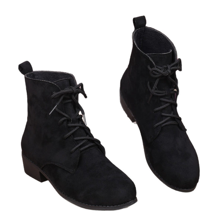 Damen nan knöchelhohe Schnürstiefelette mit soften Veloursoptik, praktischer Zugschlaufe und niedrigem Blockabsatz Drune