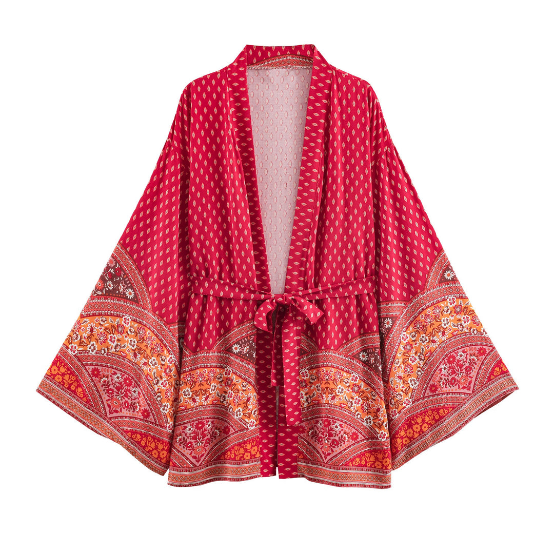 Damen Kimono-Wickelrobe im Boho-Print mit weitem Ärmeln Drune