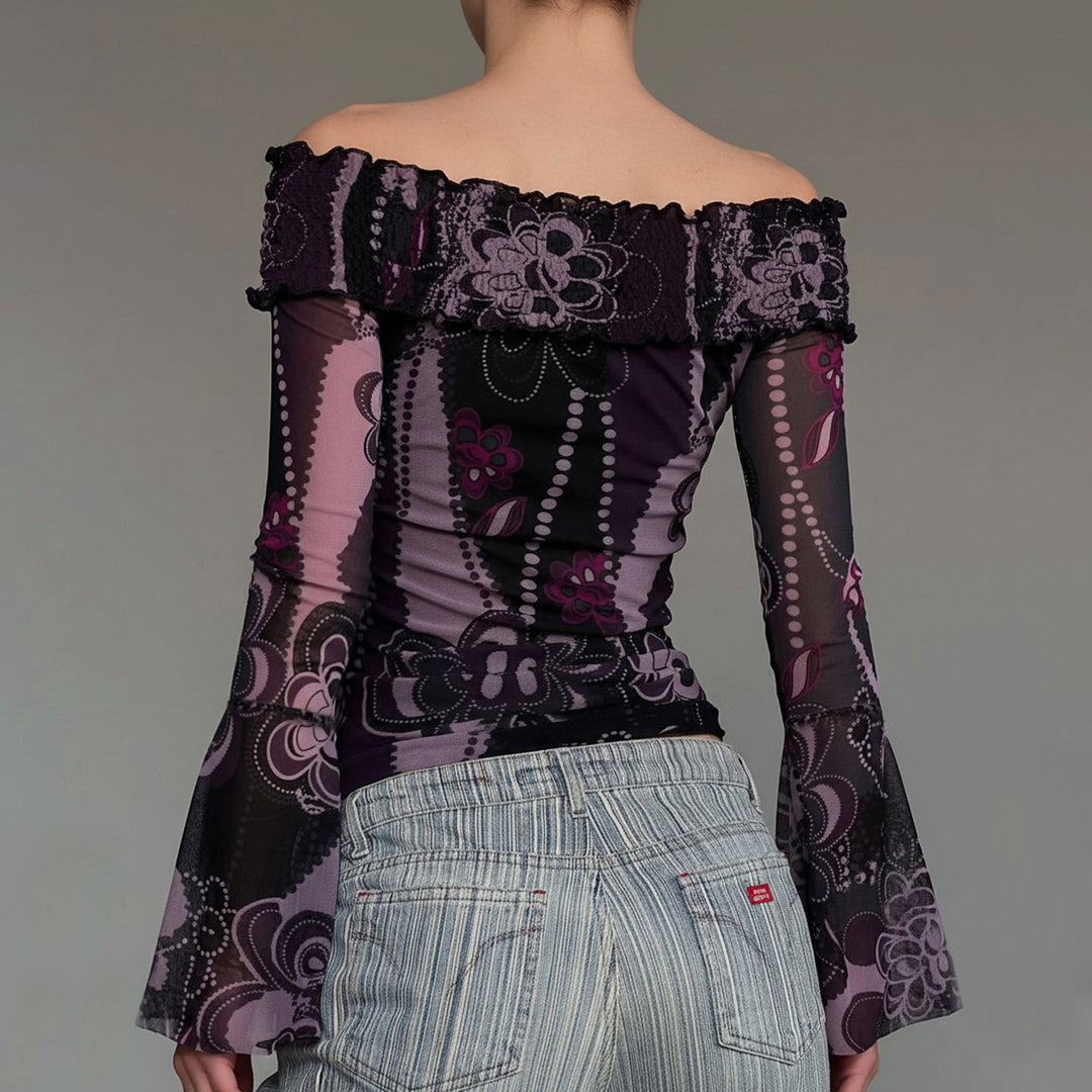 Damen Off-Shoulder Oberteil mit voluminösen Ärmeln und floralem Muster Drune