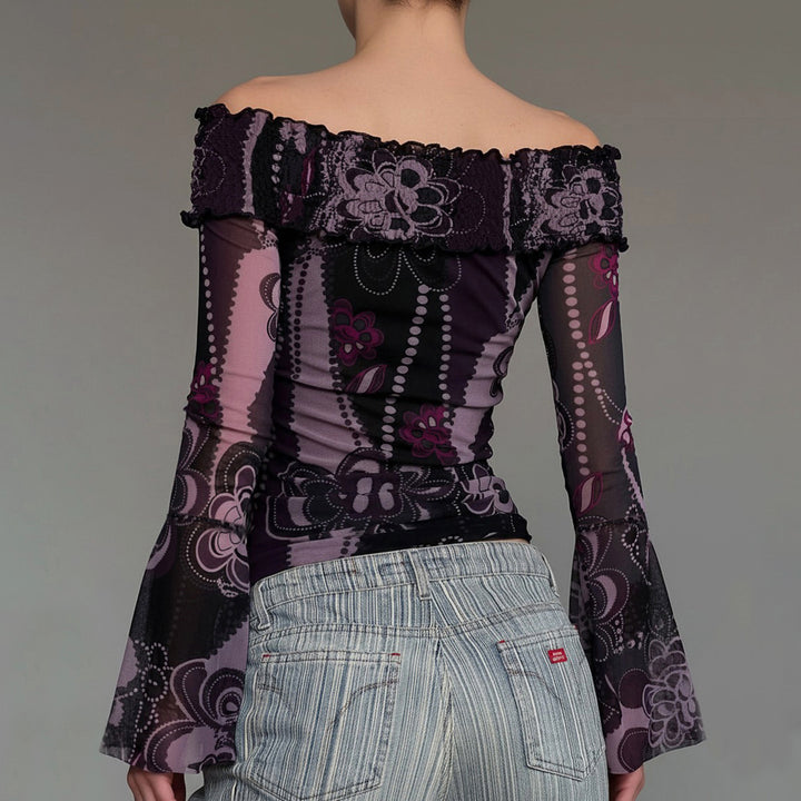 Damen Off-Shoulder Oberteil mit voluminösen Ärmeln und floralem Muster Drune