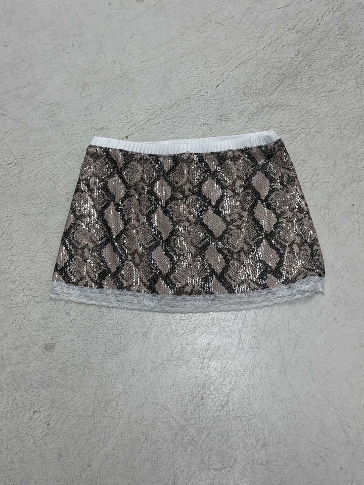 Damen Glitzernder Minirock mit Schlangenmuster und Spitzenrand Drune