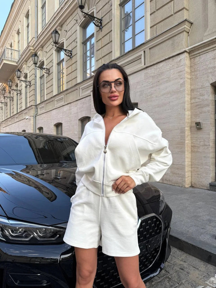 Damen Freizeit-Jogginganzug mit Zip-Hoodie und lockeren Shorts Drune