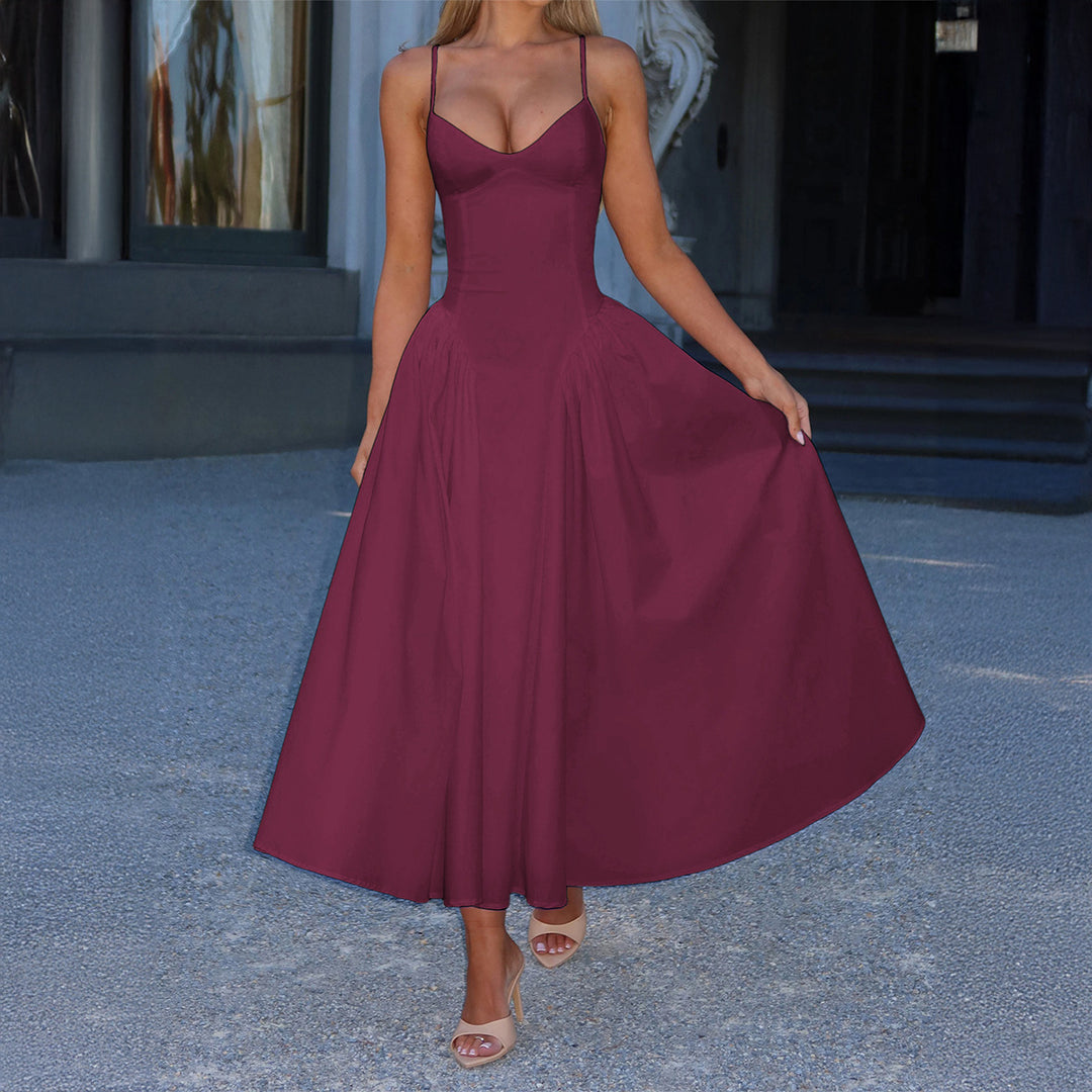 Damen A-linien Abendkleid mit verstellbaren Spaghettiträgern und schwingendem Rock Drune