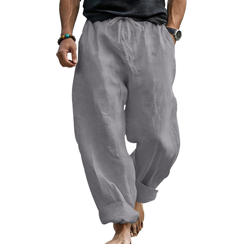 Herren Locker geschnittene Leinen-Loungehose mit Kordelzug, Umschlagsaum und Taschen Drune