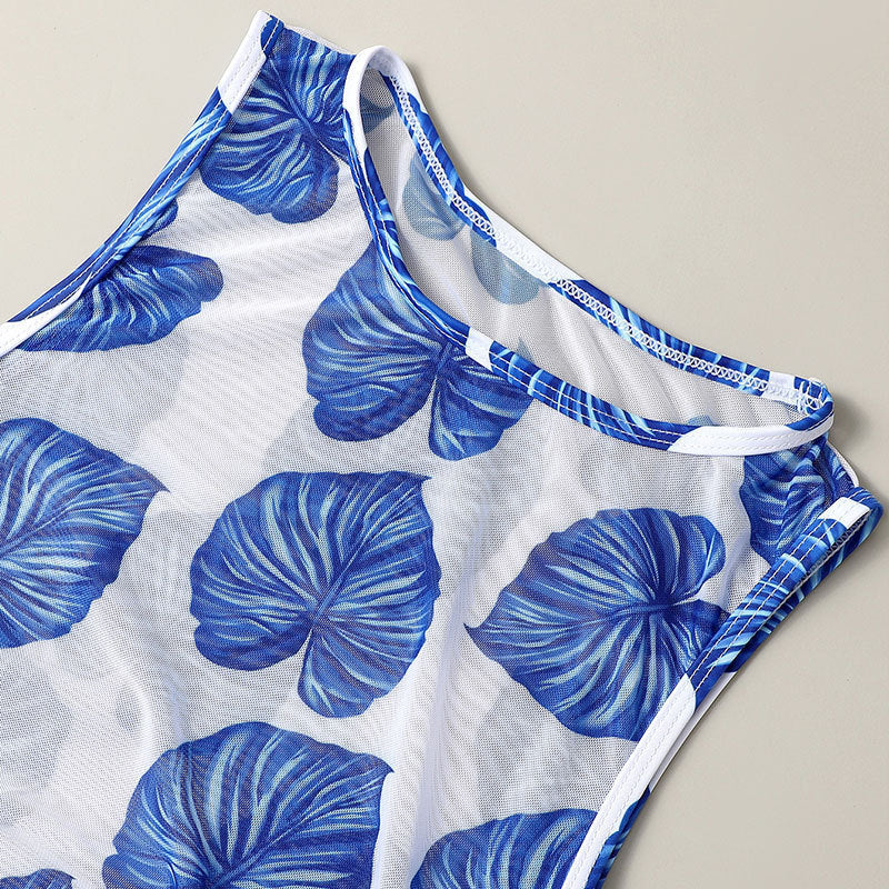 Damen Maxikleid mit modischem Blattmuster und seitlichem Bindegürtel Drune